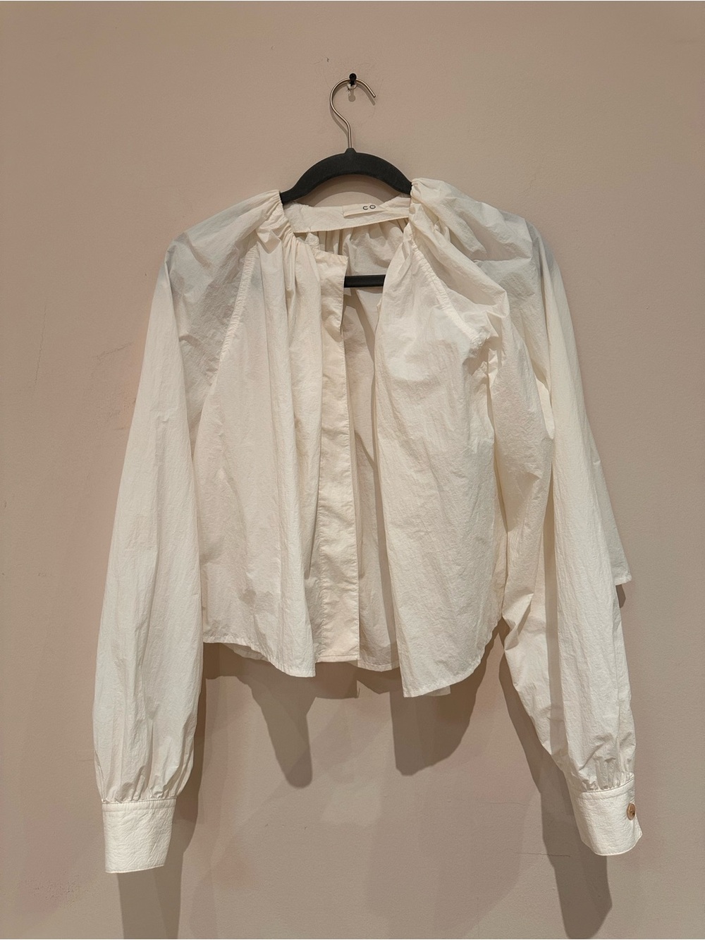 CO White Gathered-Neck Button-Down Blouse